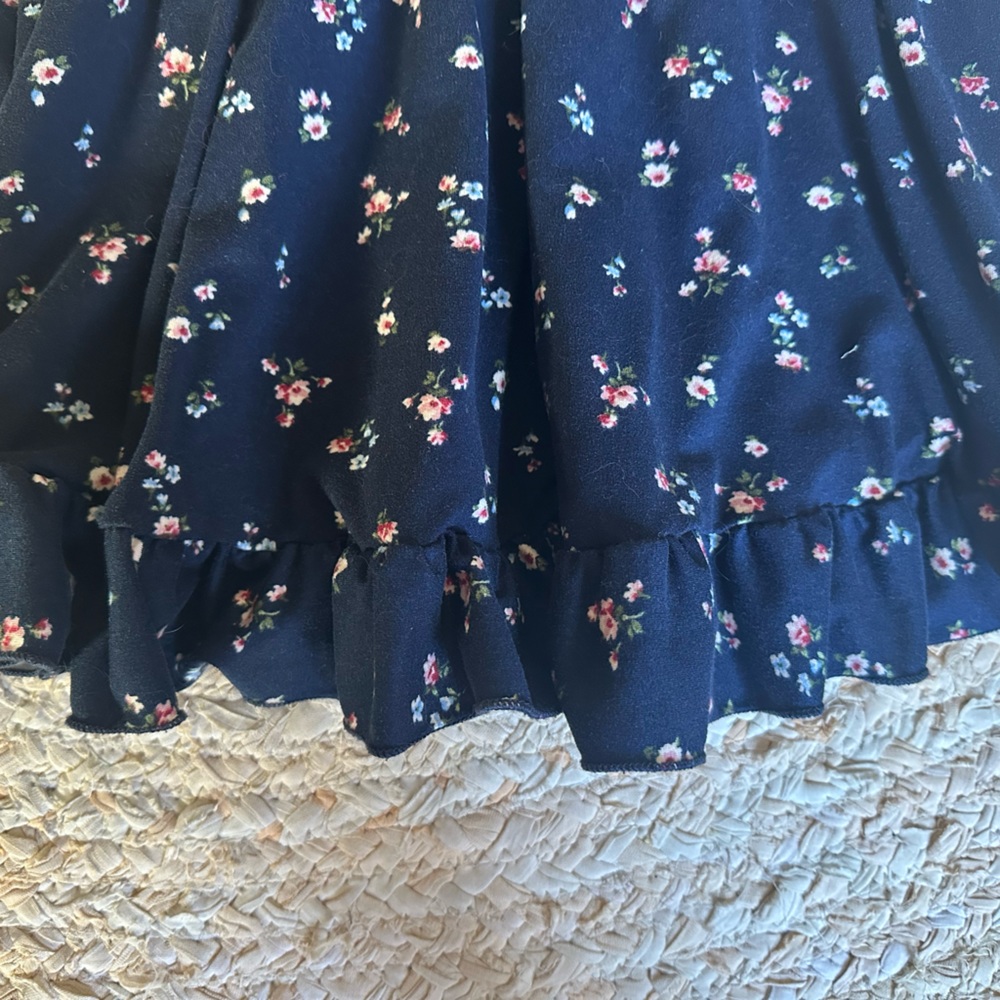 Zunie Navy Blue Floral Twirl Long Sleeves Dress ruffled hem cinched waist EUC - Picture 5 of 6